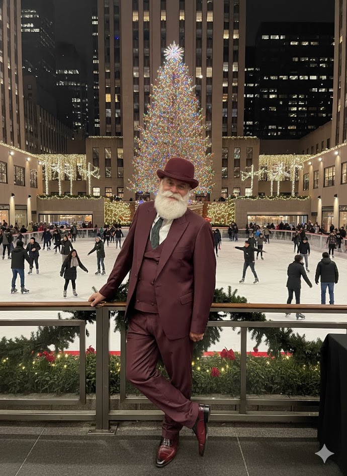 Santa in a burgundy suit at Rockefeller Center